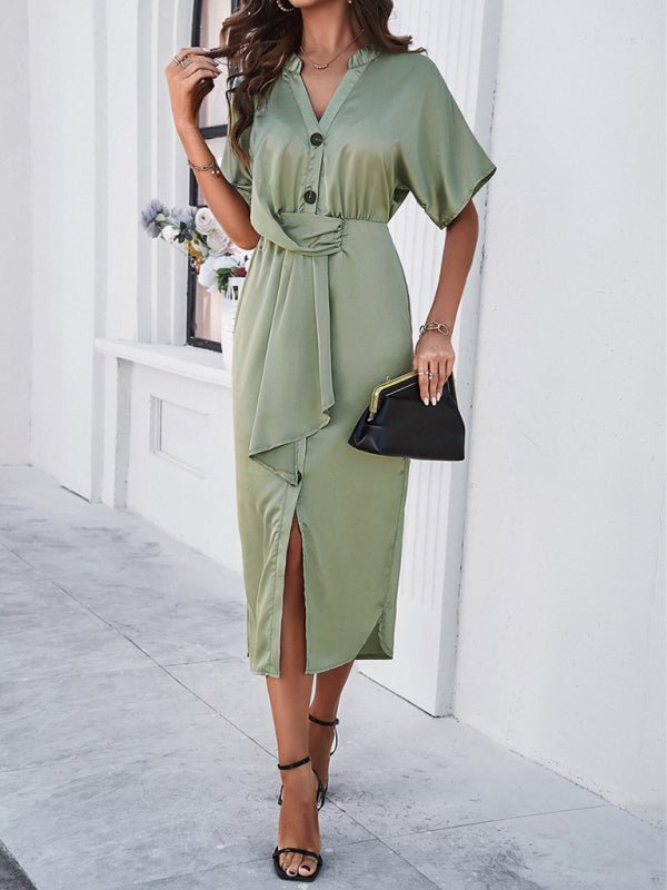 New solid color temperament V - neck short - sleeved dress - Casual Dress
